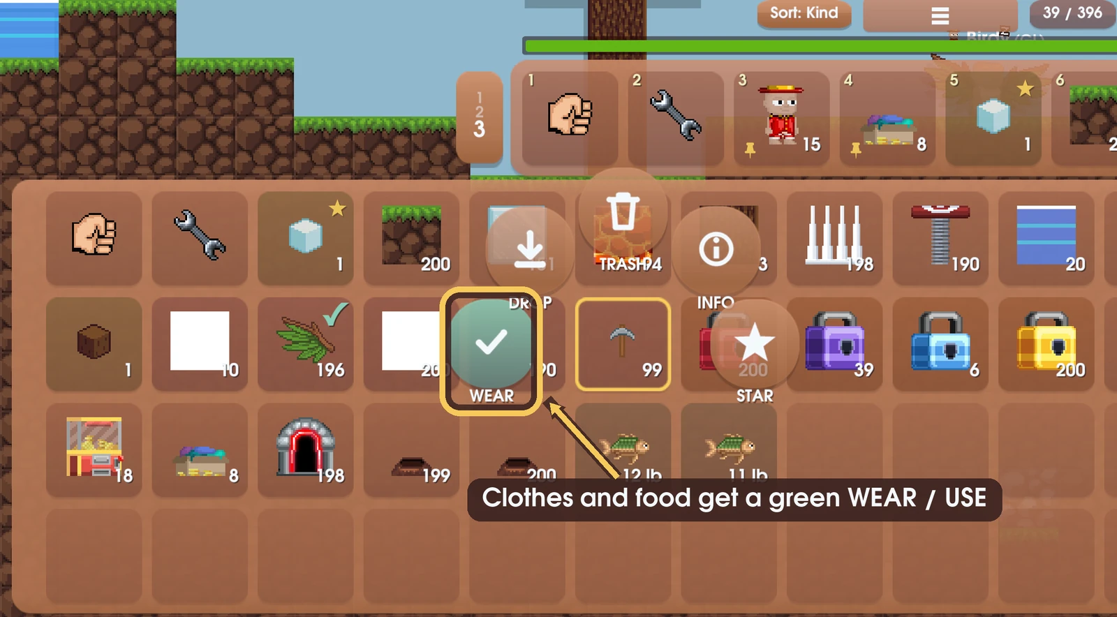 Clothes and food get a green button of their own.